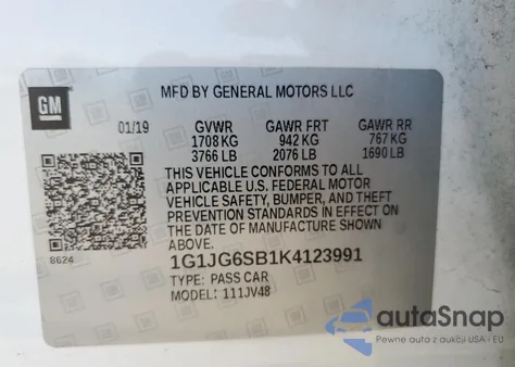 2019 Chevrolet Sonic из США, поврежденный, VIN 1G1JG6SB1K4123991